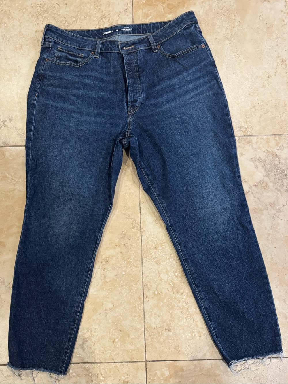 Old Navy High-Rise OG Straight Jeans Size 16 Raw Hem Dark Wash